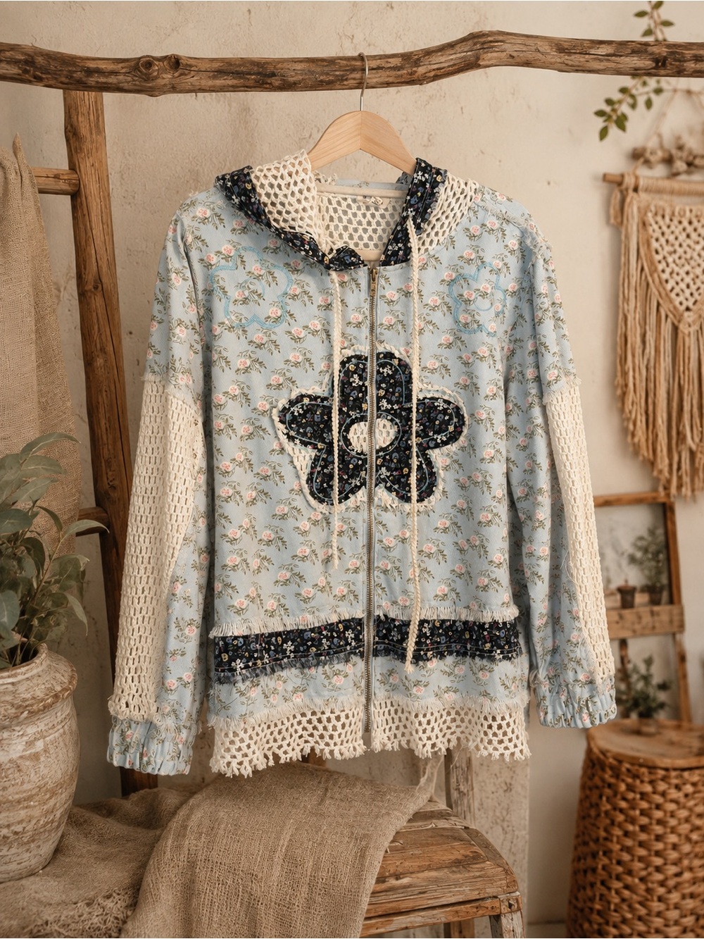 225🌟 Boho Floral Patchwork Crochet Hoodie – NWOT – Size Small